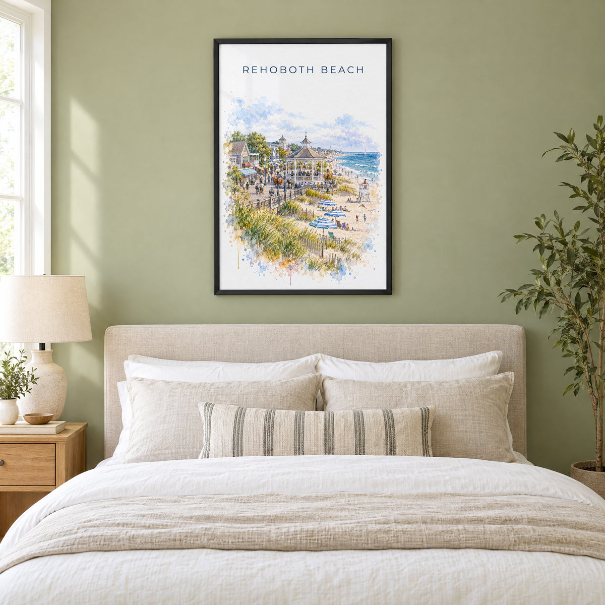 Rehoboth Beach watercolor print in a black frame above an upholstered headboard in a sage green bedroom