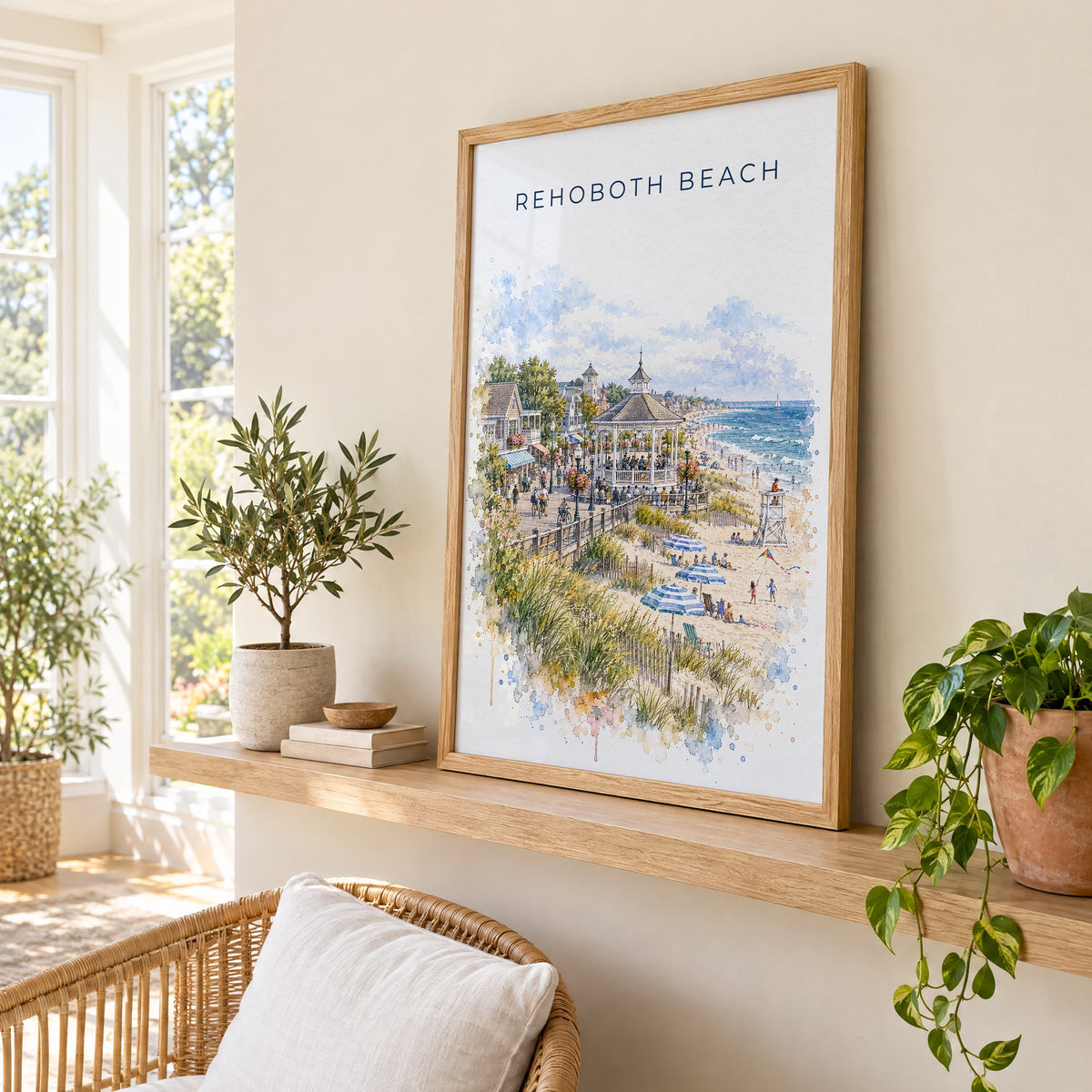 Rehoboth Beach watercolor print in an oak frame on a picture ledge in a sunlit sunroom