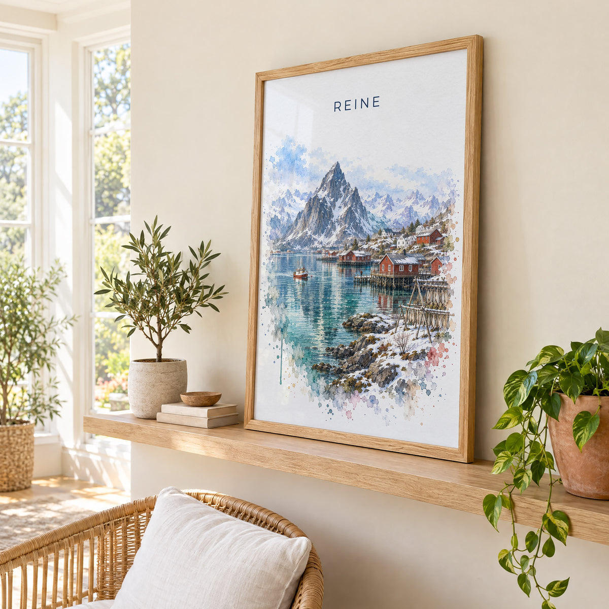 Reine, Norway watercolor print in an oak frame on a picture ledge in a sunlit sunroom