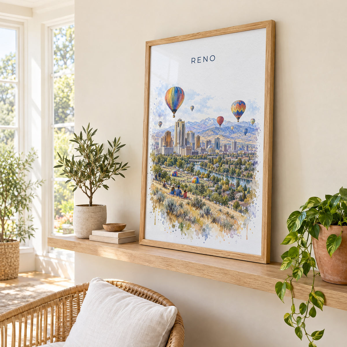 Reno, Nevada watercolor print in an oak frame on a picture ledge in a sunlit sunroom