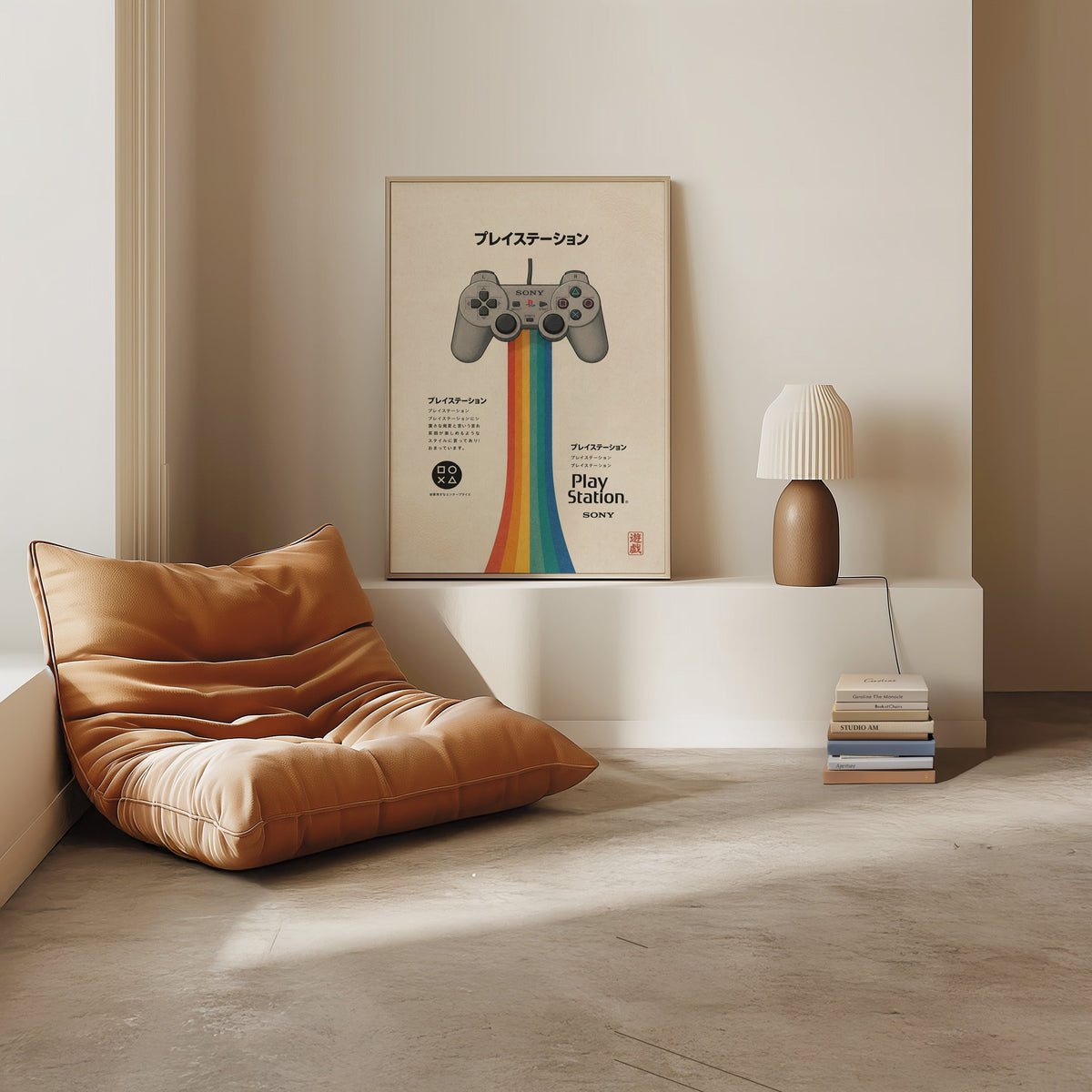 retro game controller with rainbow print in a light oak frame on a white ledge by a tan leather floor chair