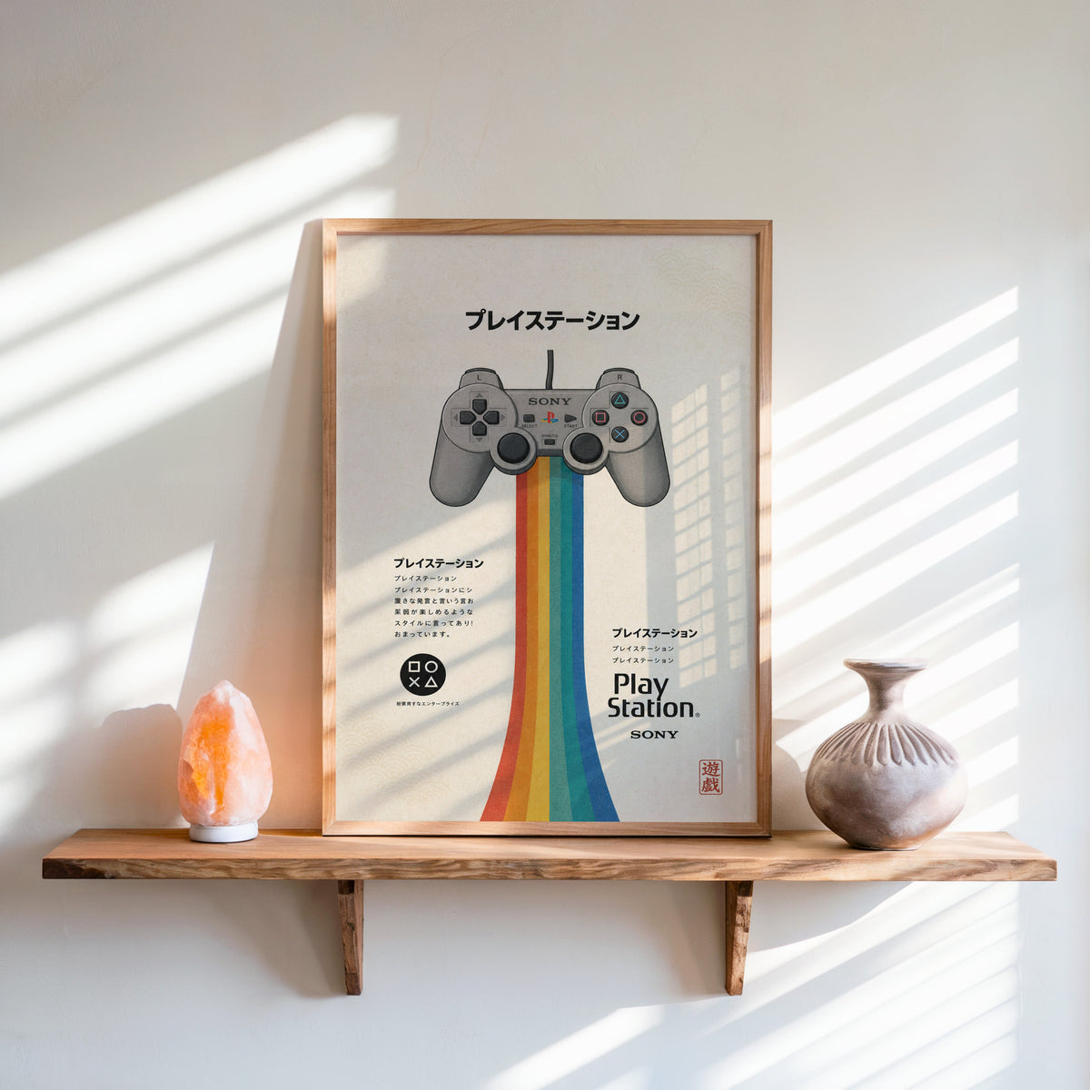 retro game controller with rainbow print in an oak frame on a live-edge wall shelf with a salt lamp and clay vase