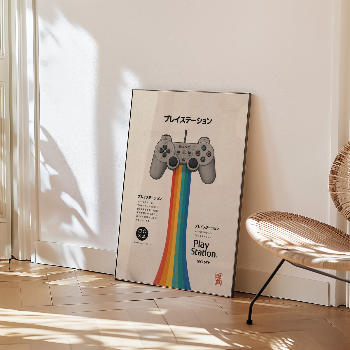 retro game controller with rainbow print in a black frame leaning on a herringbone floor beside a woven rattan chair