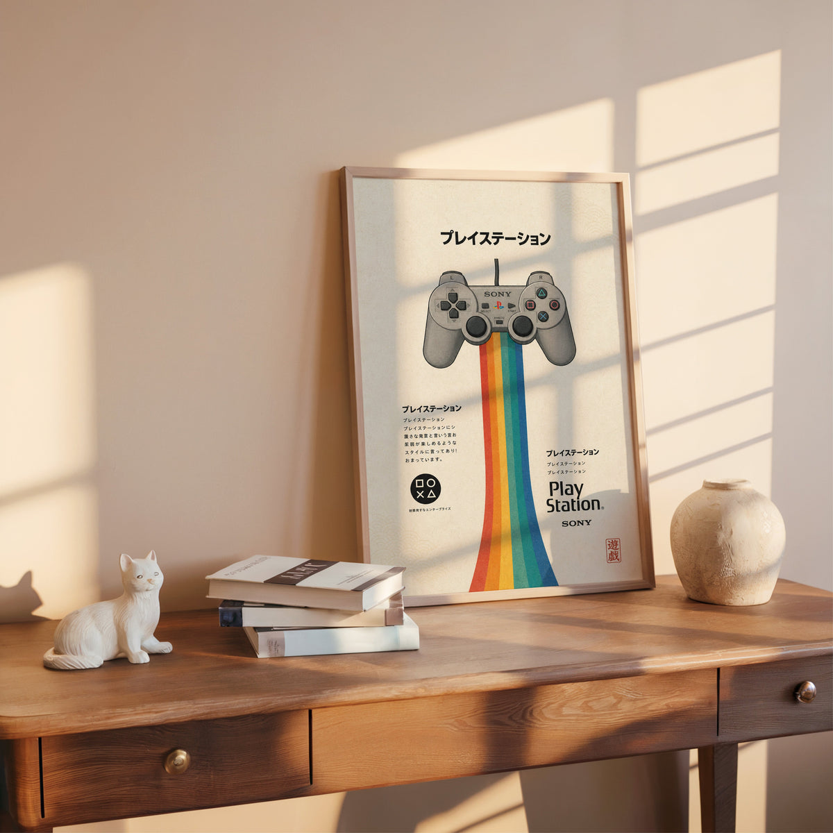 retro game controller with rainbow print shown in a rose gold frame leaning on a wooden writing desk with books