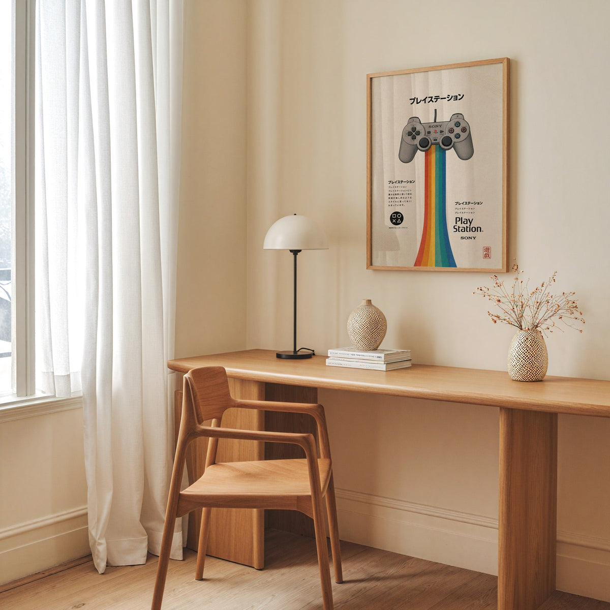 retro game controller with rainbow print in an oak frame above a long oak desk with a white dome lamp and woven vases