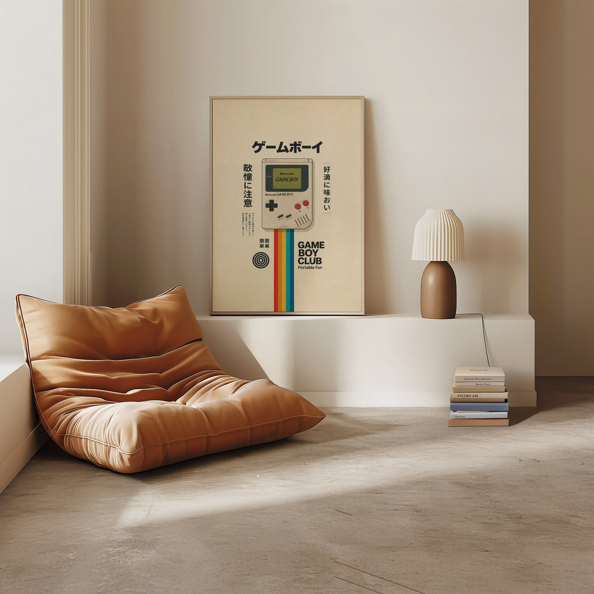 retro handheld game console with rainbow print in a light oak frame on a white ledge by a tan leather floor chair