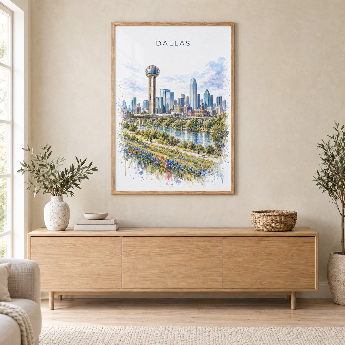 Reunion Tower Dallas watercolor print in an oak frame above a light wood sideboard in a Scandinavian living room