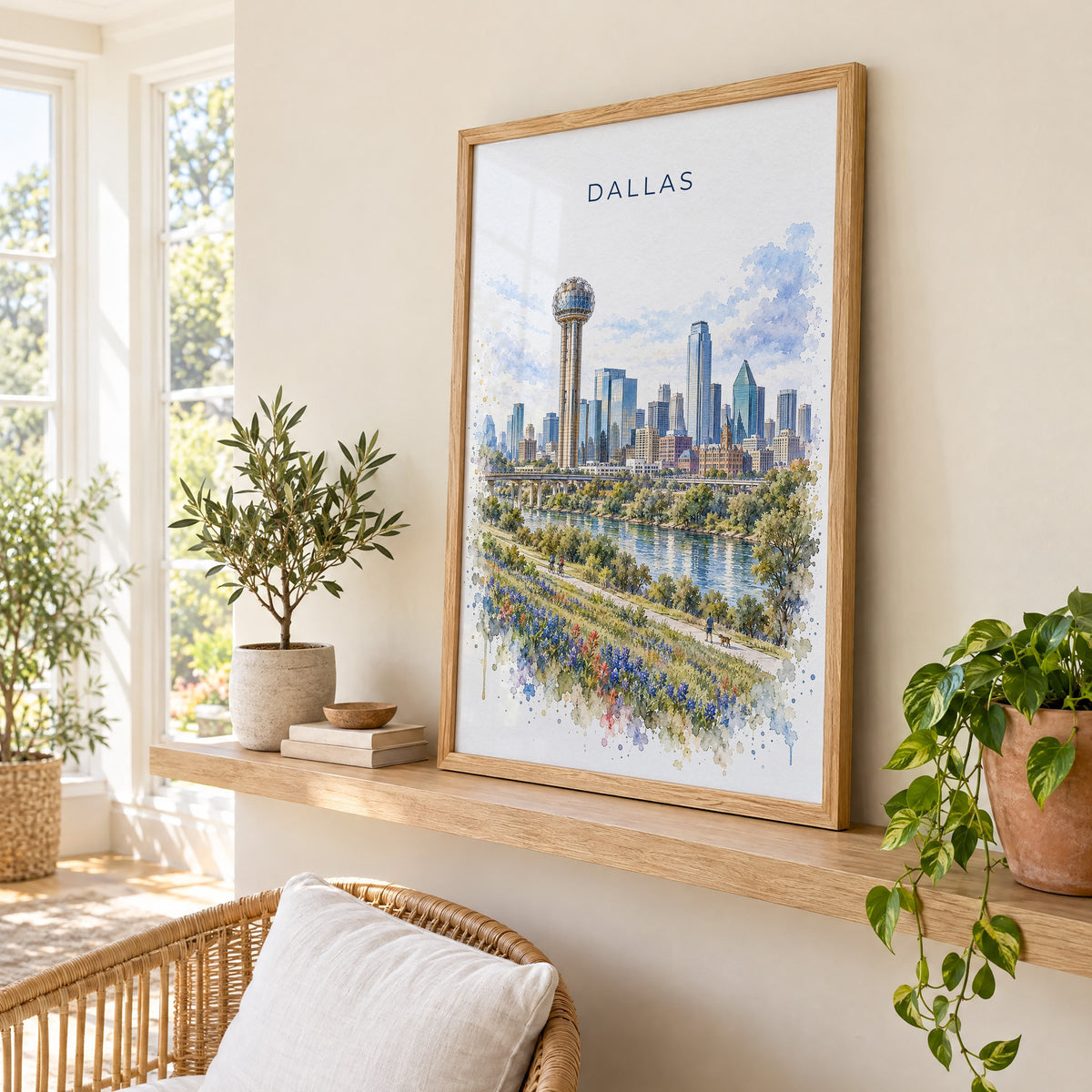 Reunion Tower Dallas watercolor print in an oak frame on a picture ledge in a sunlit sunroom