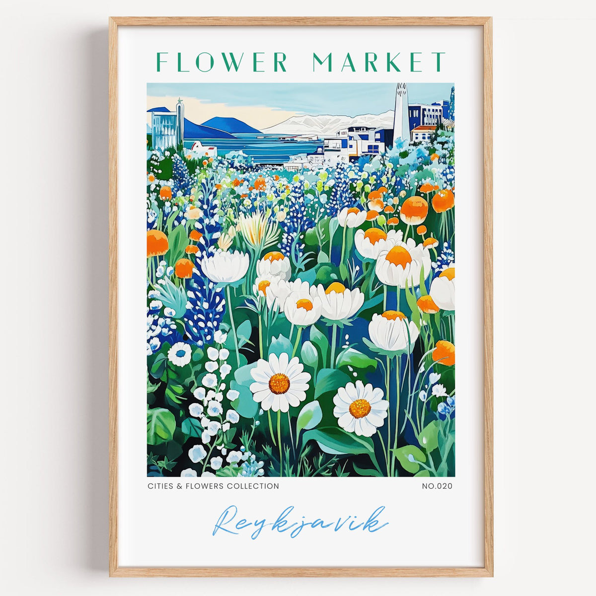 Reykjavik flower market print in a light oak frame on a plain white wall