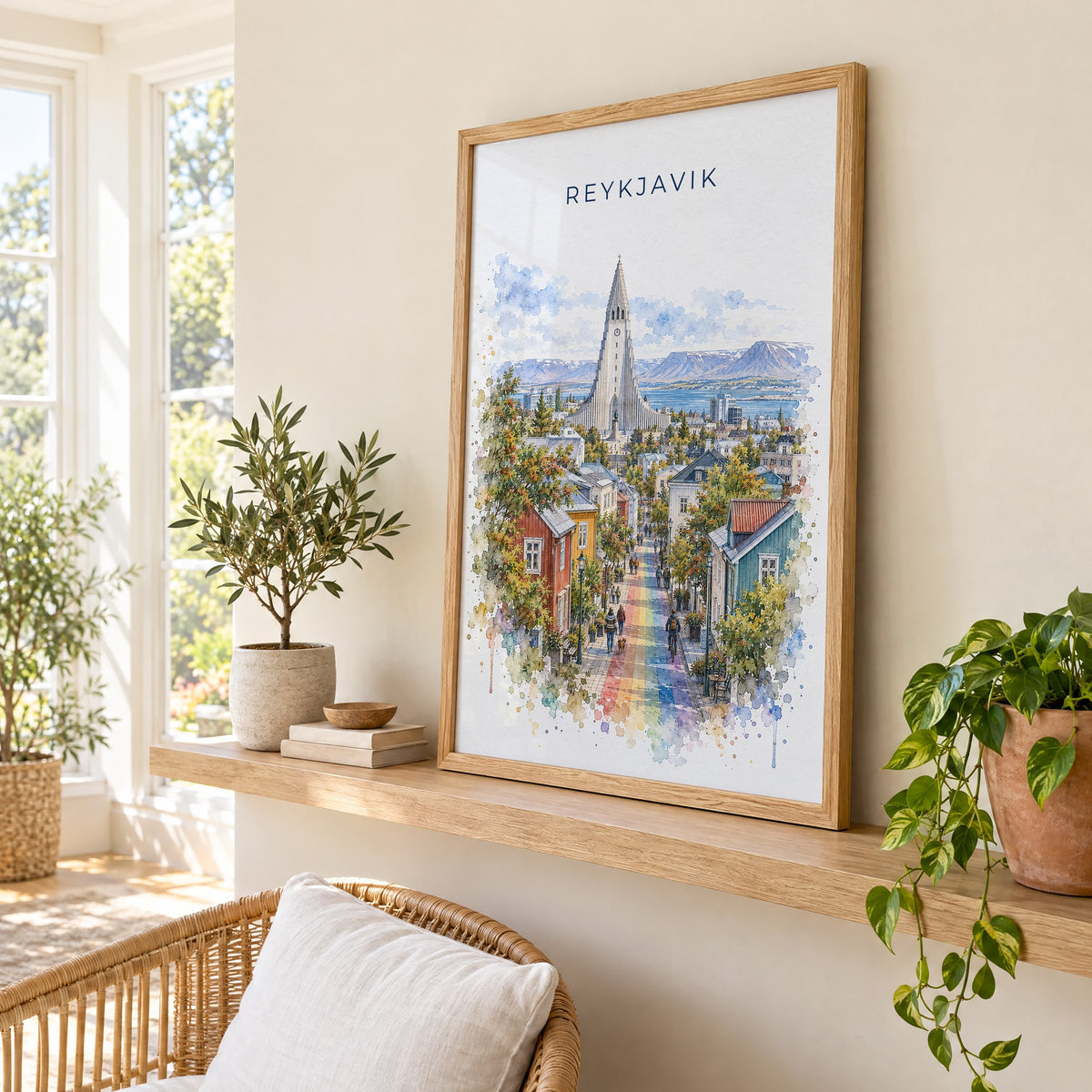 Reykjavik watercolor print in an oak frame on a picture ledge in a sunlit sunroom