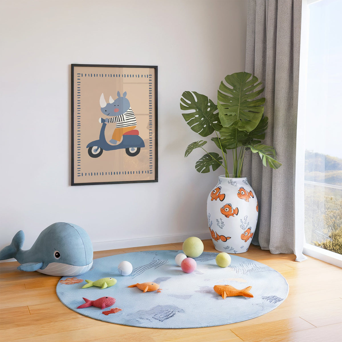 Rhino on a blue scooter nursery print in a black frame in a playroom with an ocean rug and whale plush