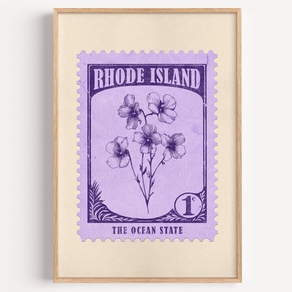 Rhode Island state flower stamp print in violet on lavender, light oak frame on a plain white wall