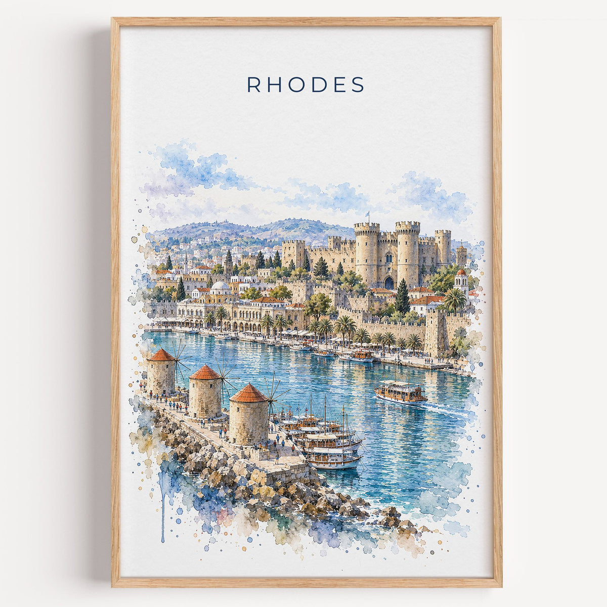Rhodes watercolor print in a light oak frame on a plain white wall