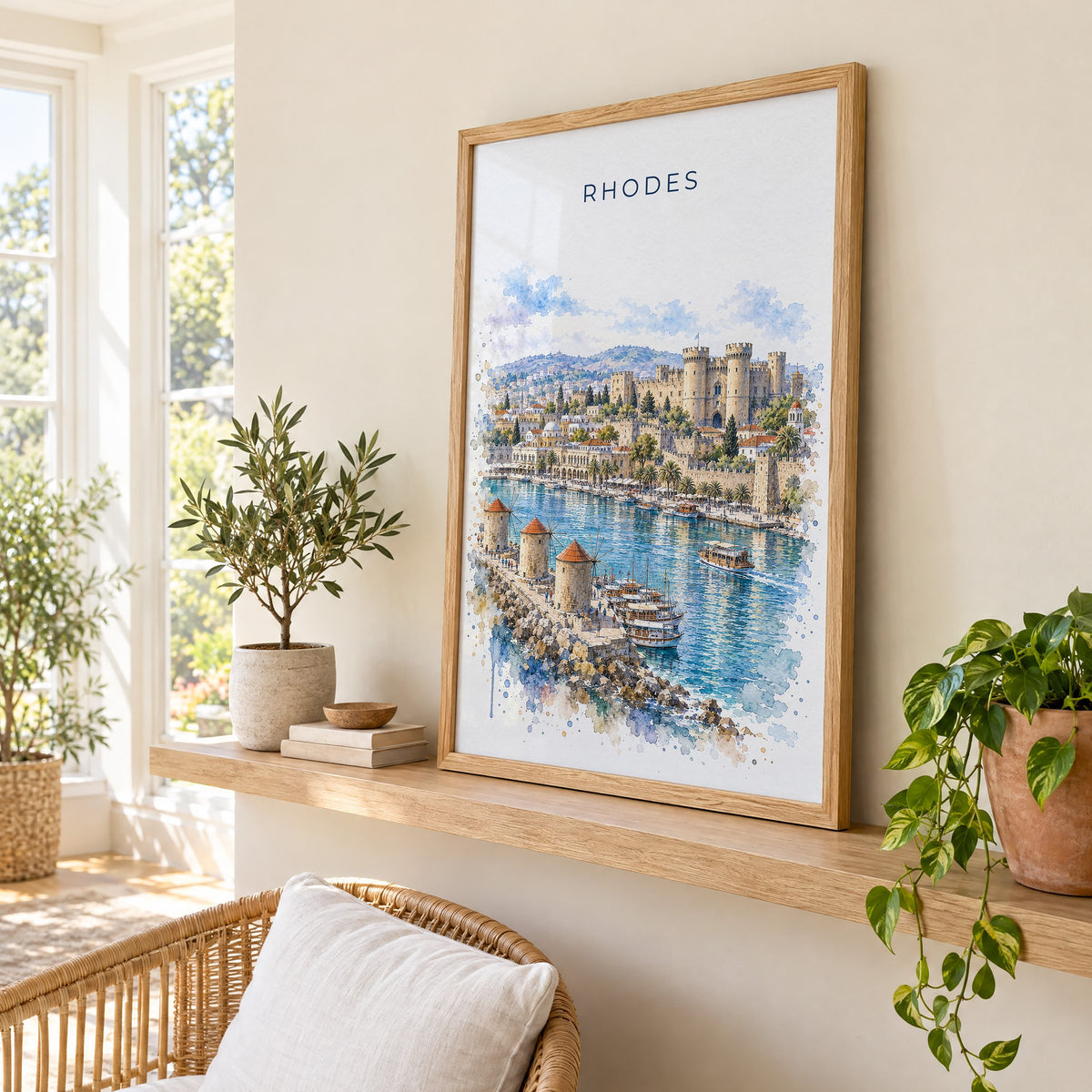 Rhodes watercolor print in an oak frame on a picture ledge in a sunlit sunroom