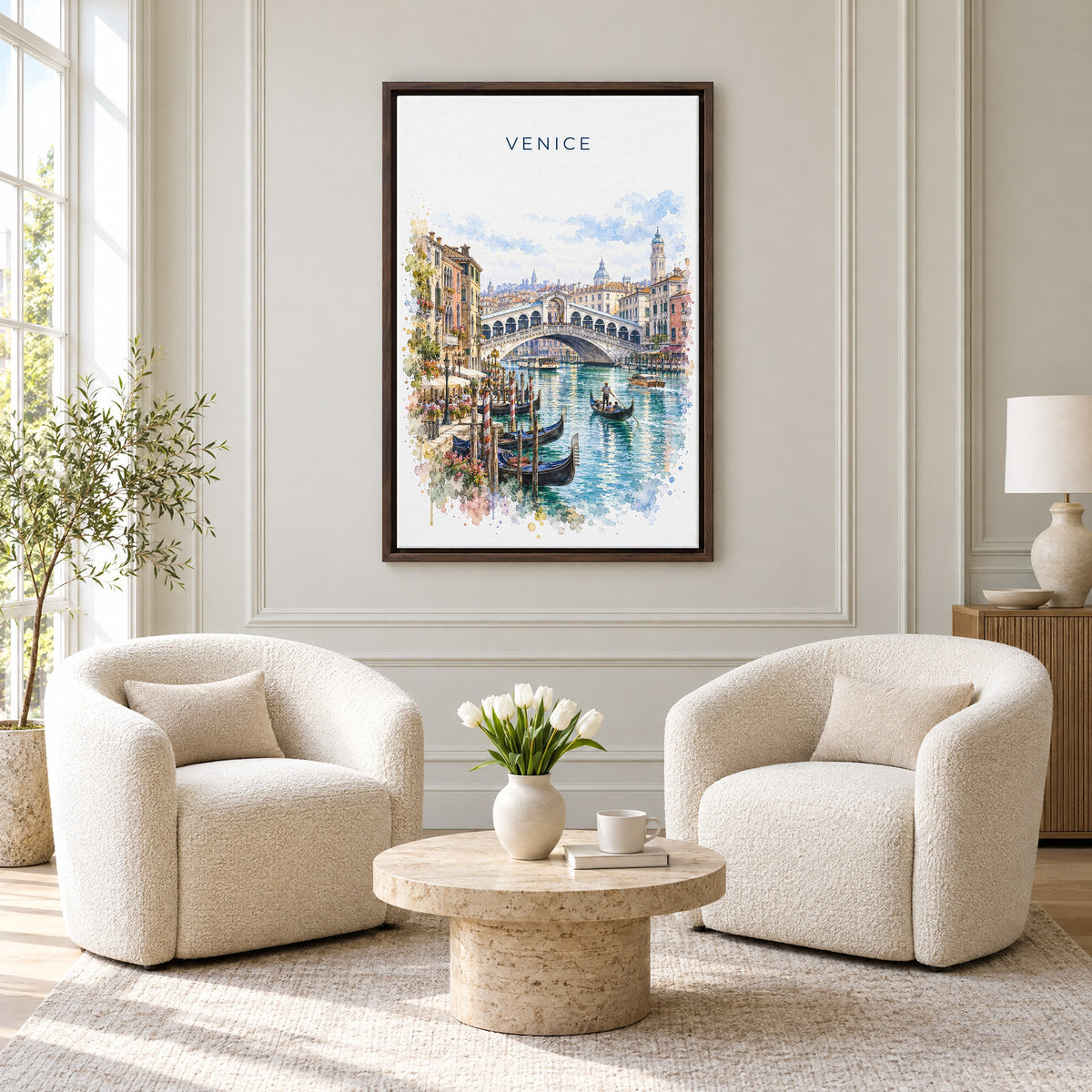 Rialto Bridge watercolor print as an espresso floater canvas above two boucle armchairs in a hotel lounge