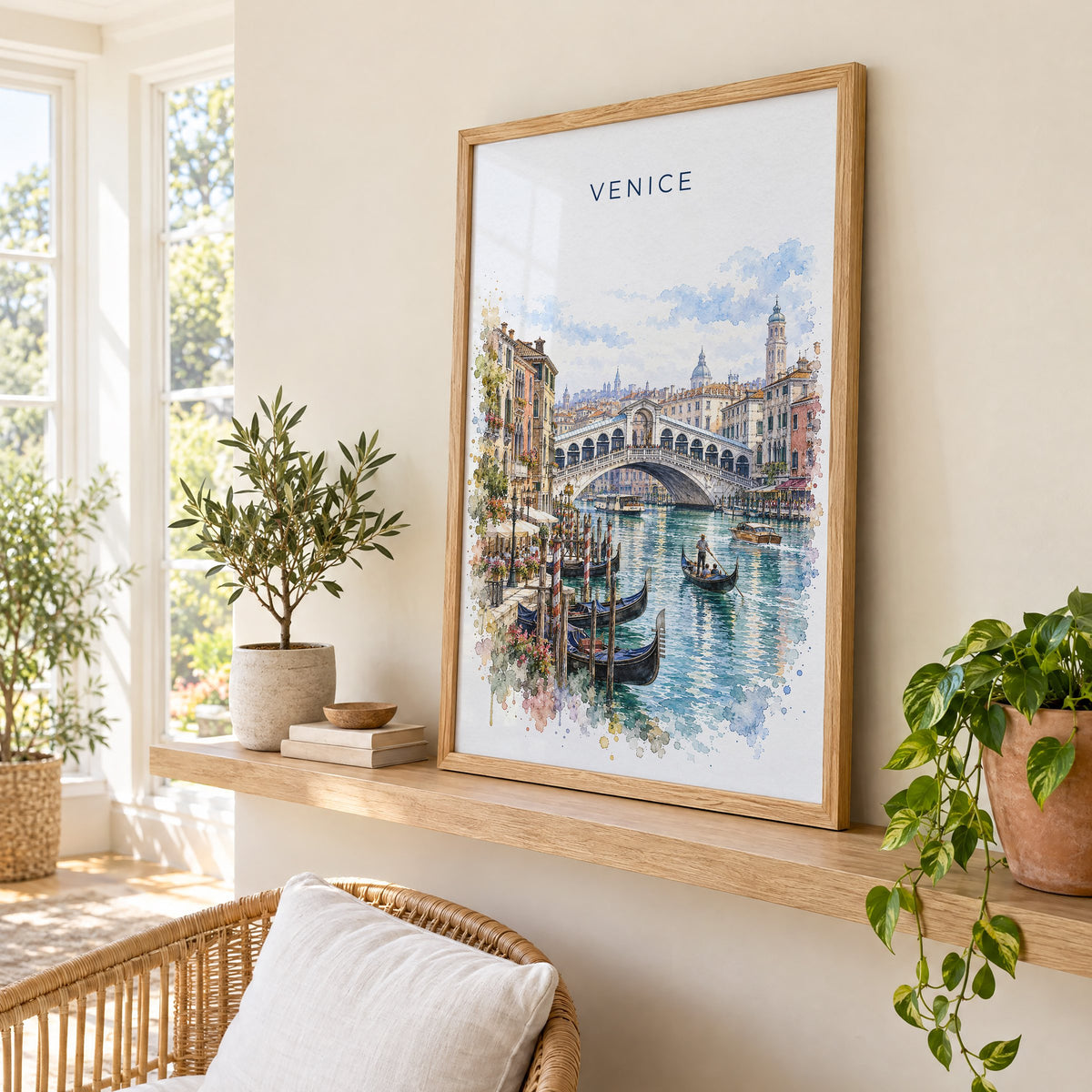 Rialto Bridge watercolor print in an oak frame on a picture ledge in a sunlit sunroom