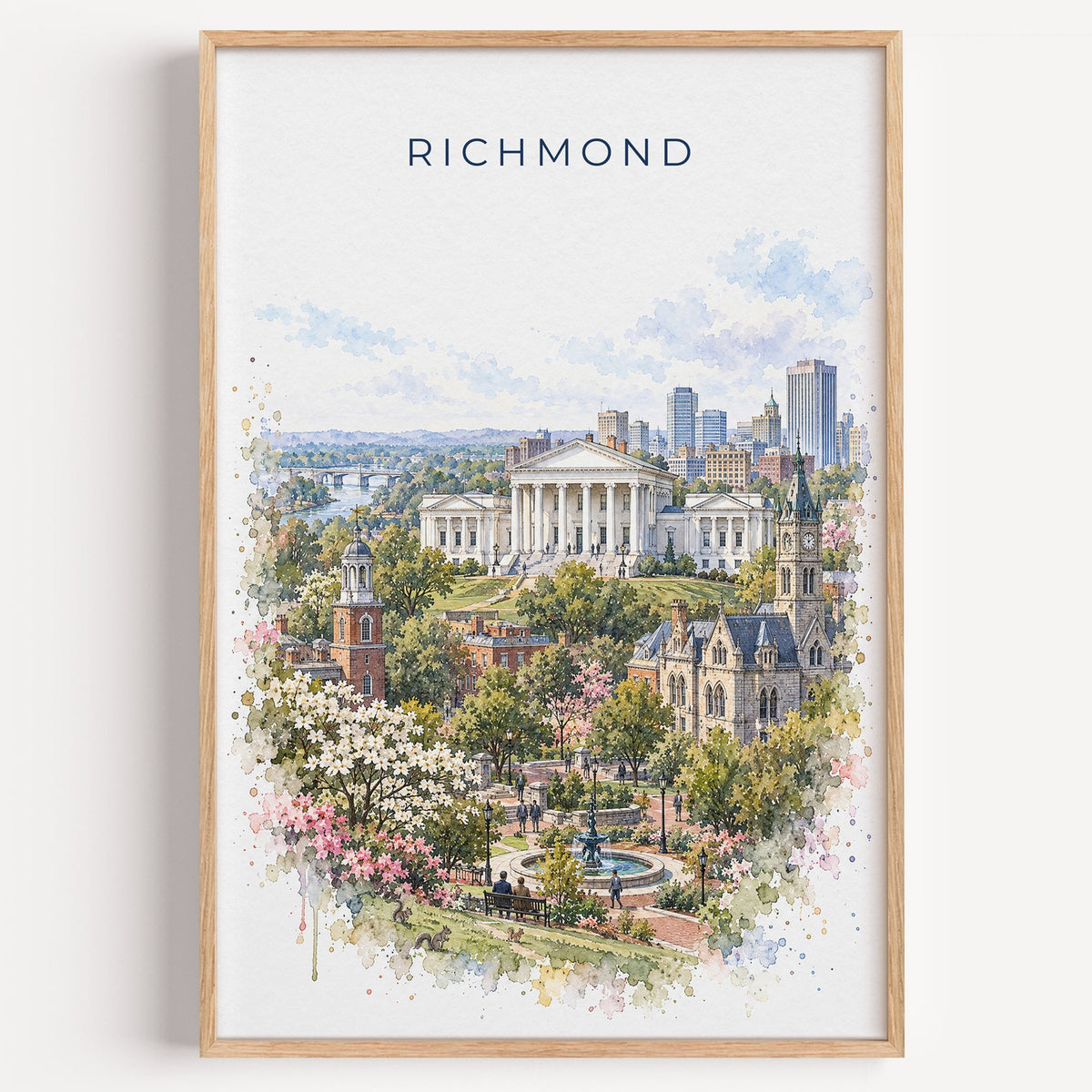 Richmond, Virginia watercolor print in a light oak frame on a plain white wall