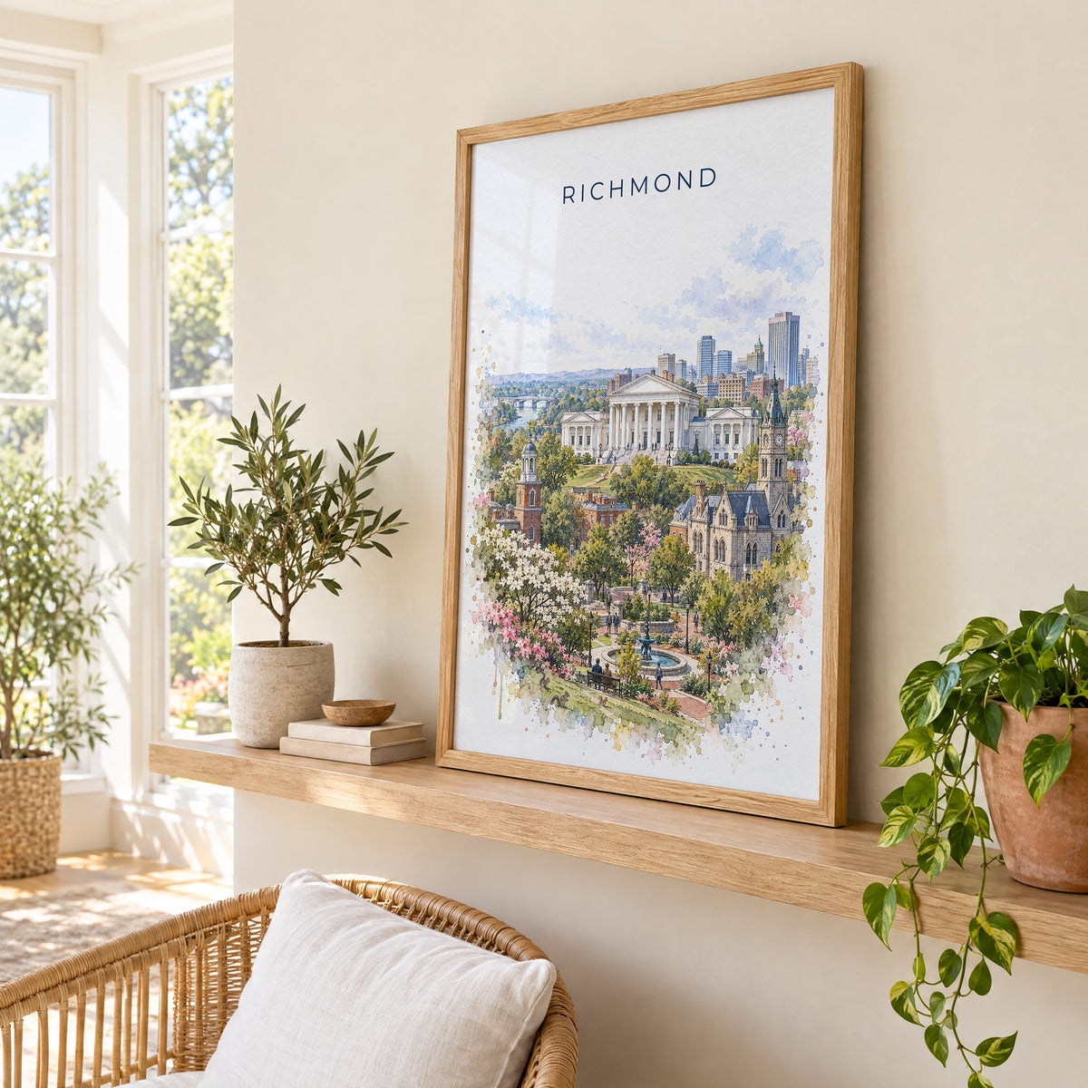 Richmond, Virginia watercolor print in an oak frame on a picture ledge in a sunlit sunroom