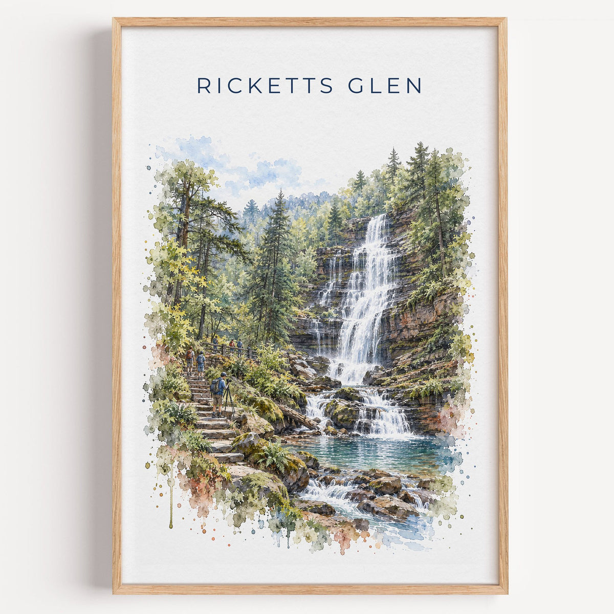 Ricketts Glen State Park watercolor print in a light oak frame on a plain white wall