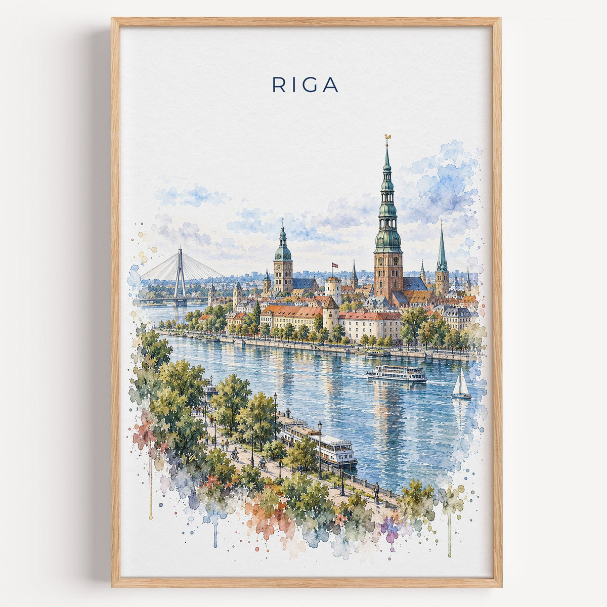 Riga watercolor print in a light oak frame on a plain white wall