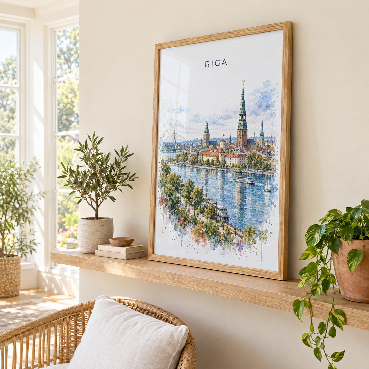 Riga watercolor print in an oak frame on a picture ledge in a sunlit sunroom