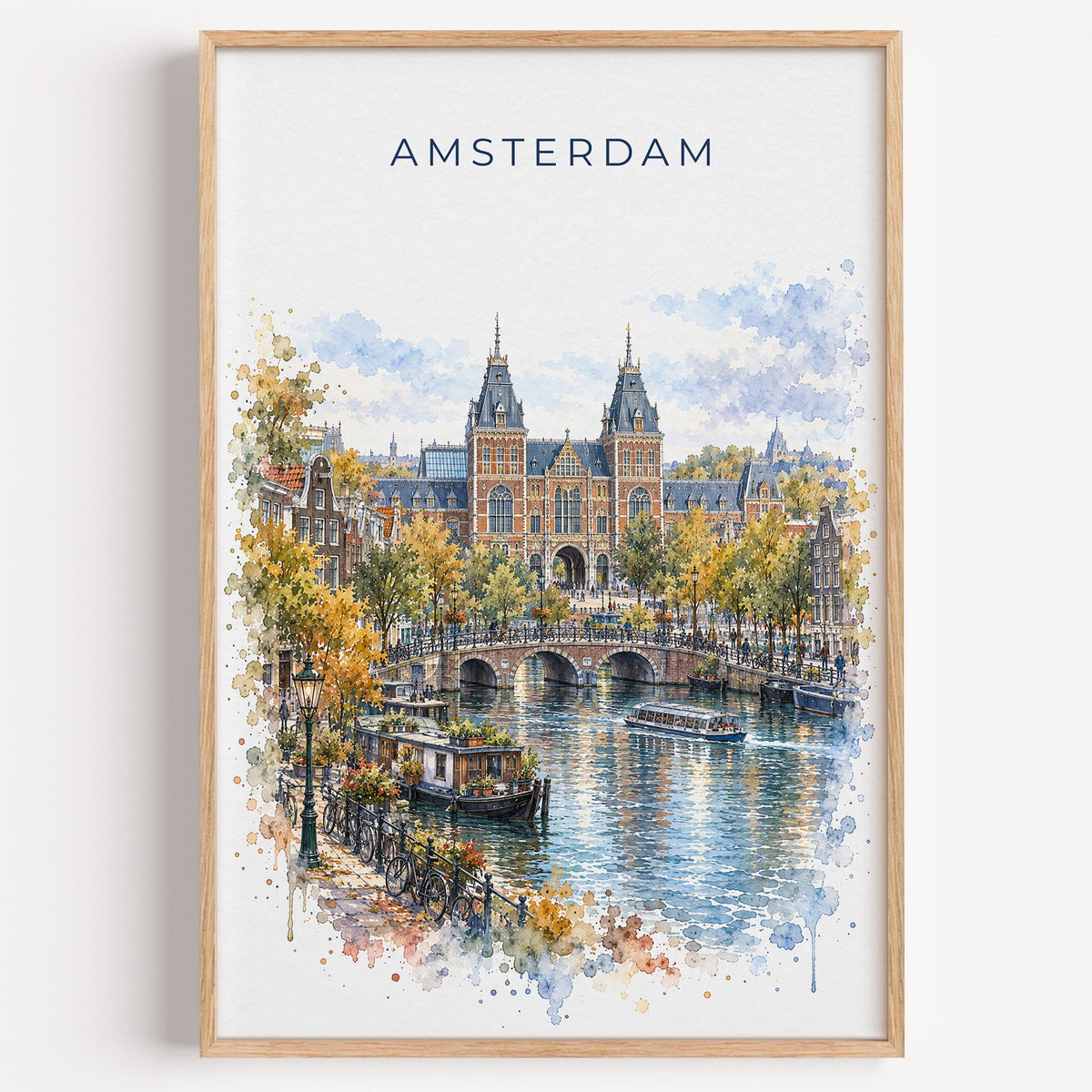 Rijksmuseum watercolor print in a light oak frame on a plain white wall