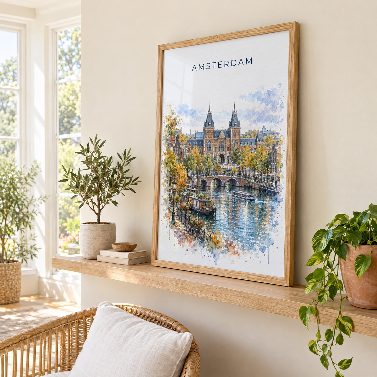 Rijksmuseum watercolor print in an oak frame on a picture ledge in a sunlit sunroom