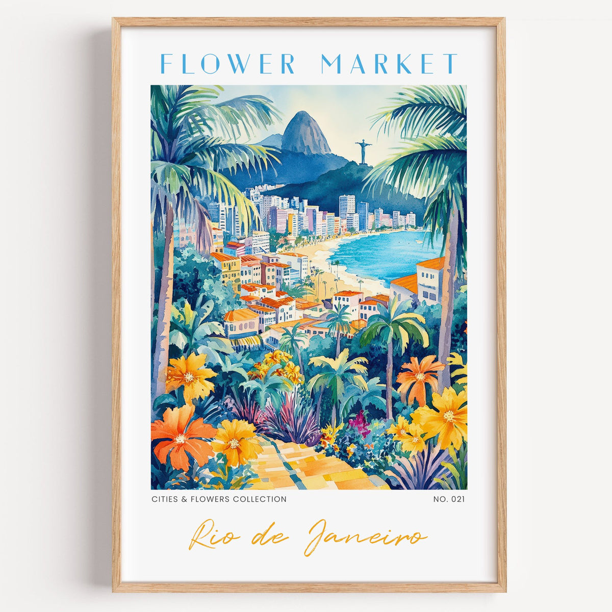 Rio de Janeiro flower market print in a light oak frame on a plain white wall