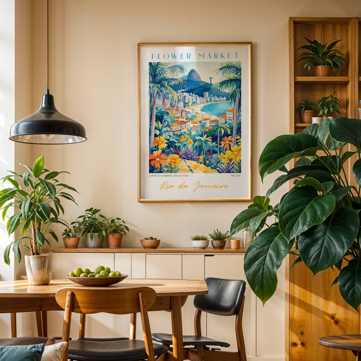 Rio de Janeiro flower market print in an oak frame above a dining sideboard lined with potted plants