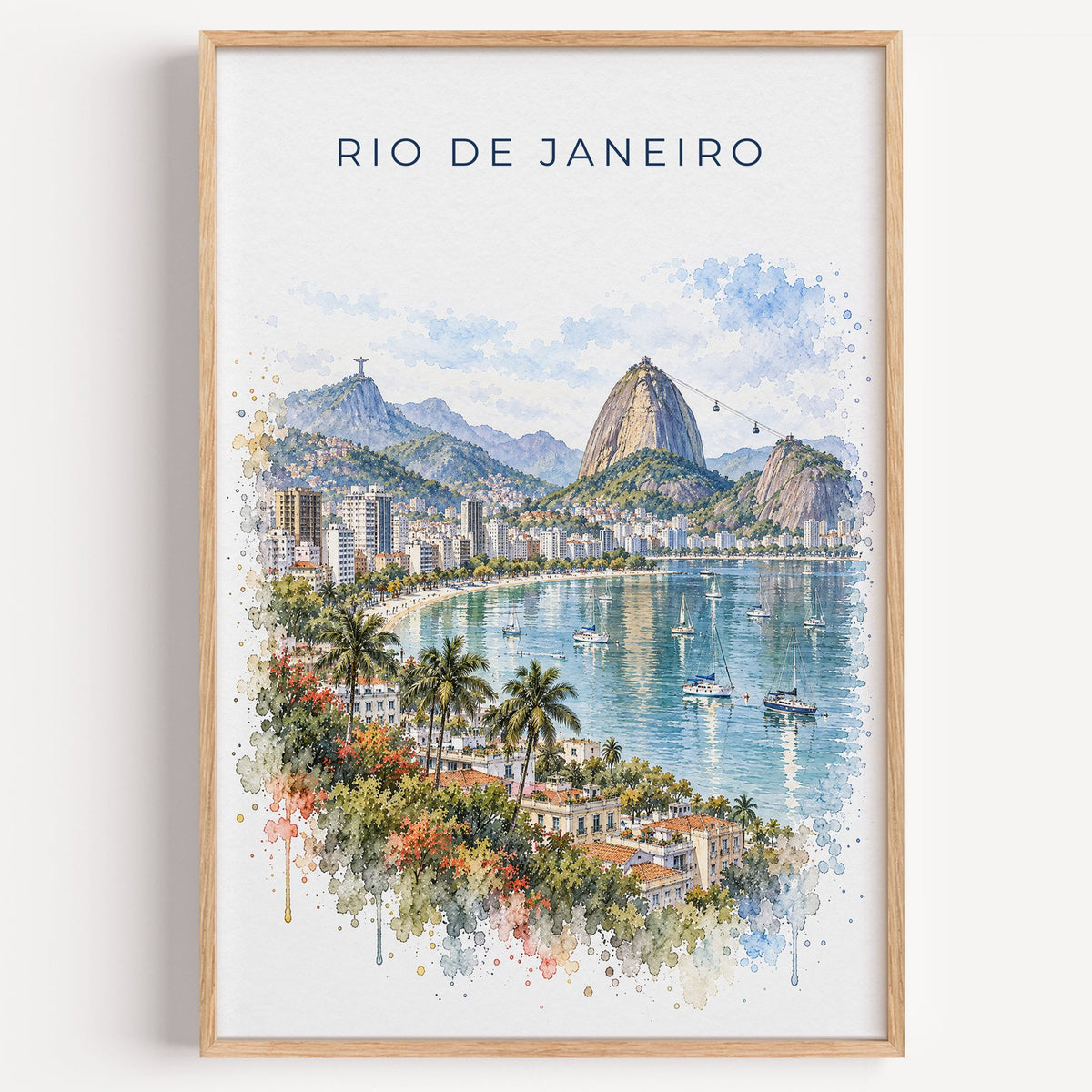Rio de Janeiro watercolor print in a light oak frame on a plain white wall