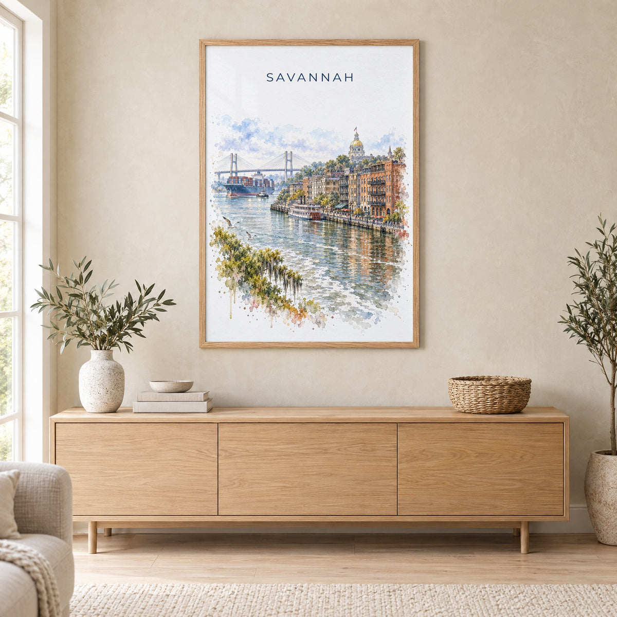 River Street Savannah watercolor print in an oak frame above a light wood sideboard in a Scandinavian living room