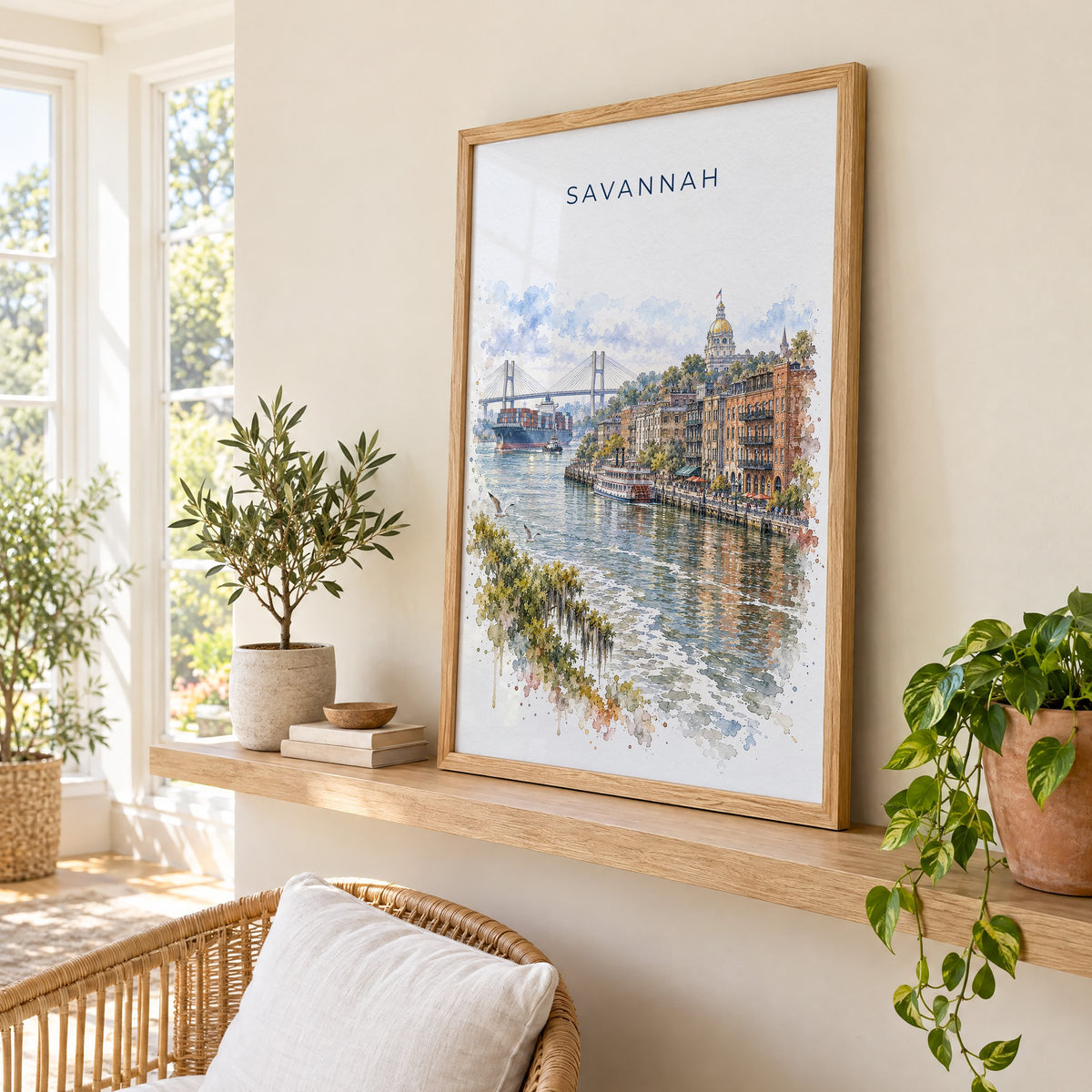River Street Savannah watercolor print in an oak frame on a picture ledge in a sunlit sunroom