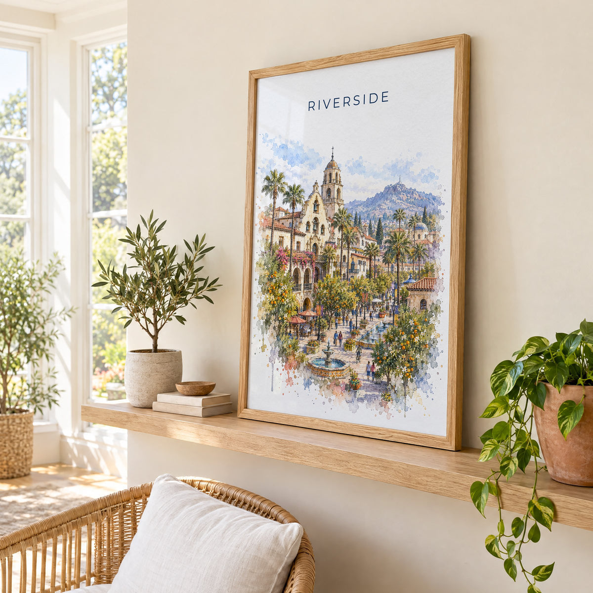Riverside, California watercolor print in an oak frame on a picture ledge in a sunlit sunroom