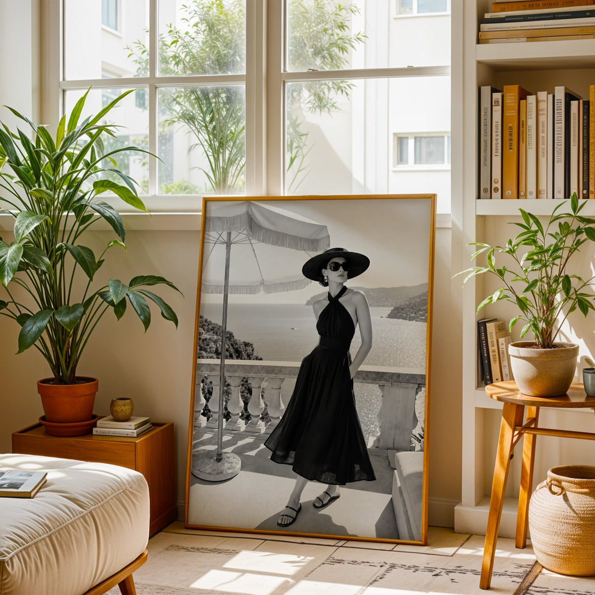 Black and white woman in halter dress on terrace print shown in a brass frame leaning on a sunlit living room floor