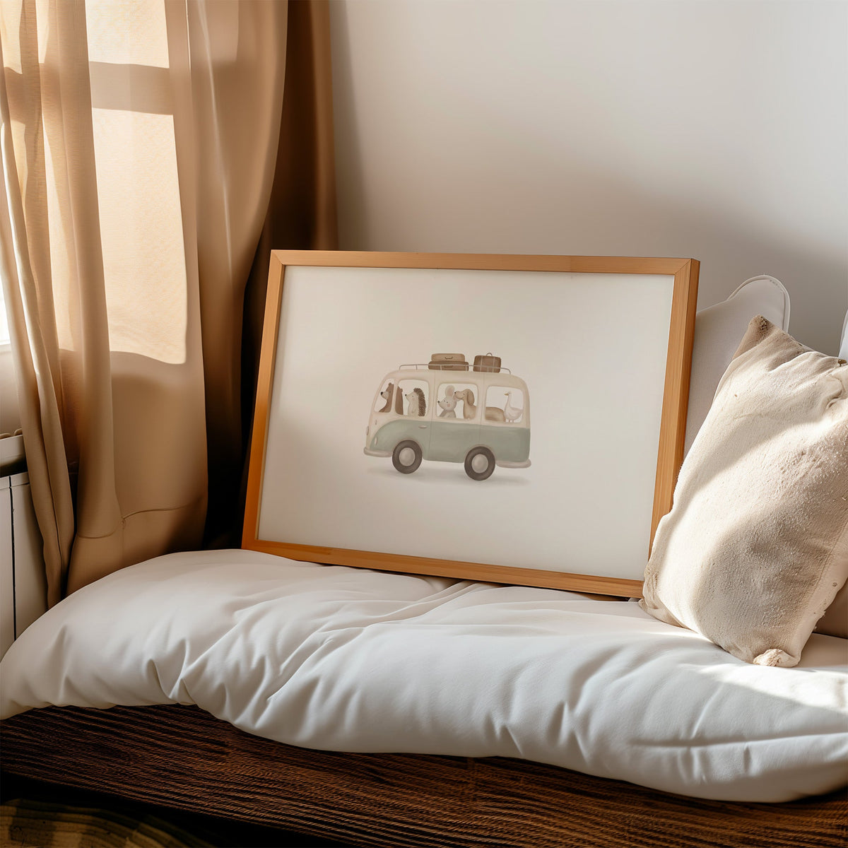 Camper van full of animals on a road trip nursery print in a honey wood frame on a cushioned window seat by sheer curtains
