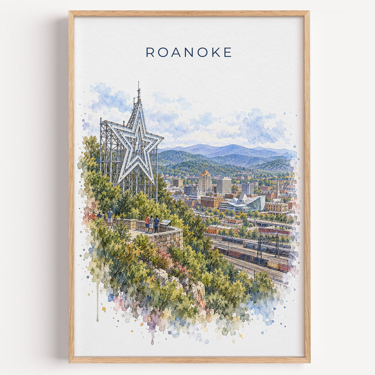 Roanoke watercolor print in a light oak frame on a plain white wall