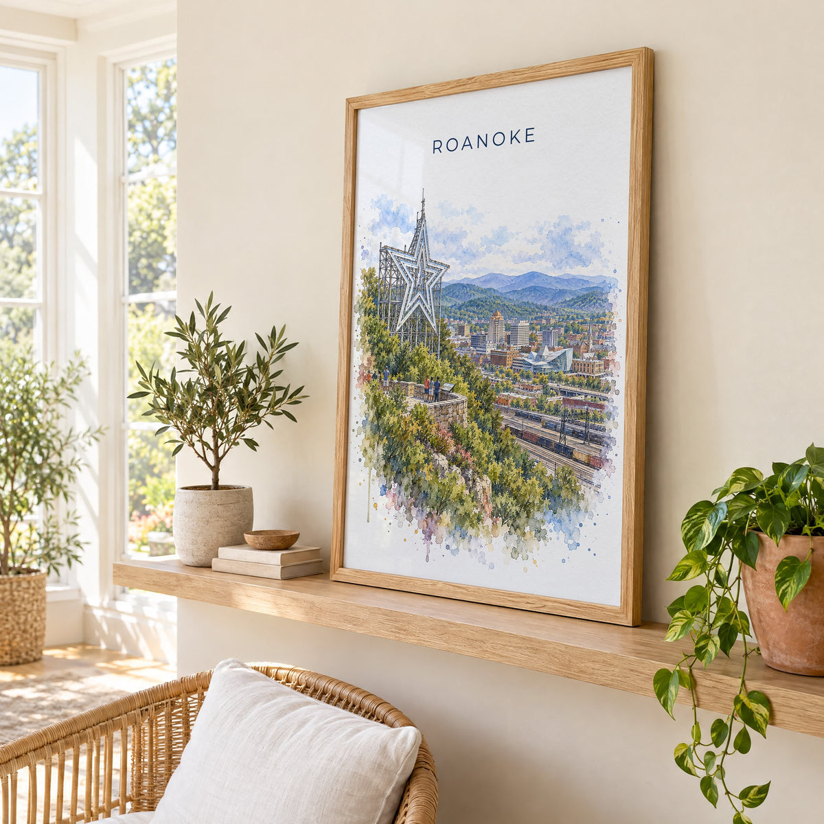 Roanoke watercolor print in an oak frame on a picture ledge in a sunlit sunroom