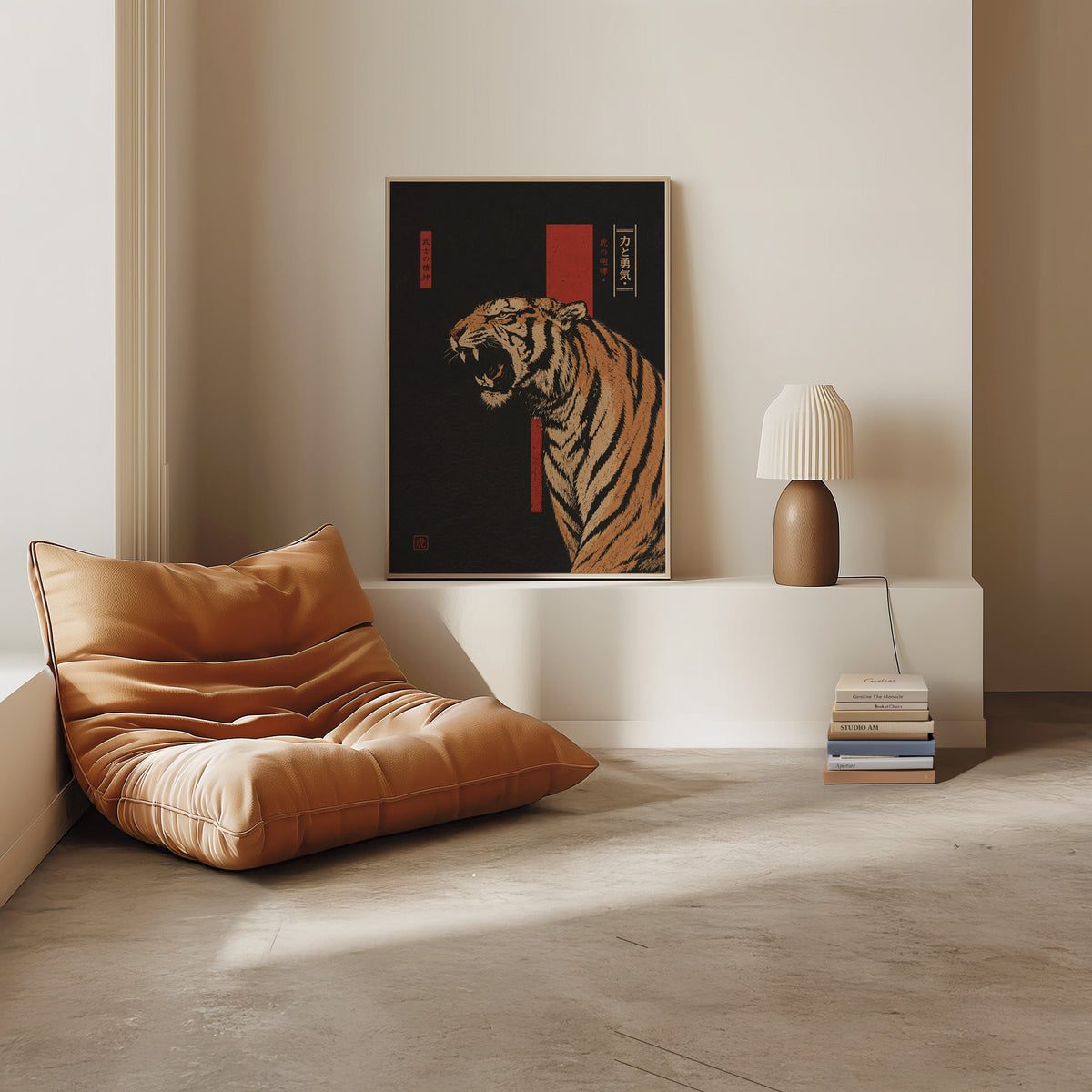 roaring tiger on black with red banner print in a light oak frame on a white ledge by a tan leather floor chair