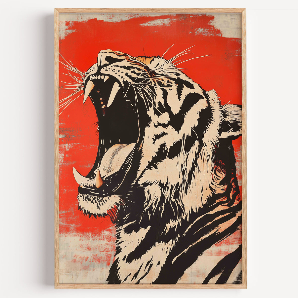 Roaring tiger head in profile print in a light oak frame on a plain white wall