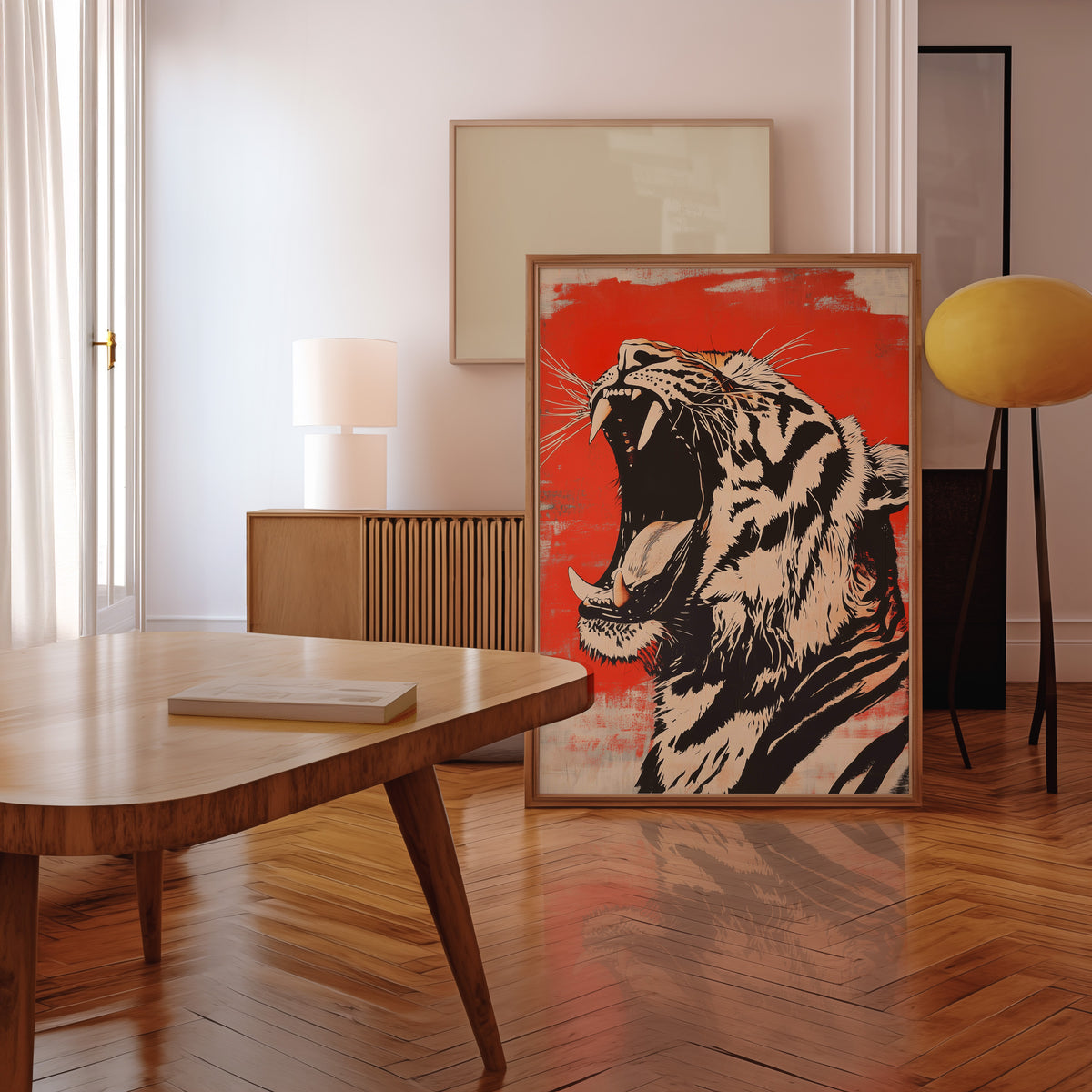 Roaring tiger head in profile print in a walnut frame leaning in a mid-century living room