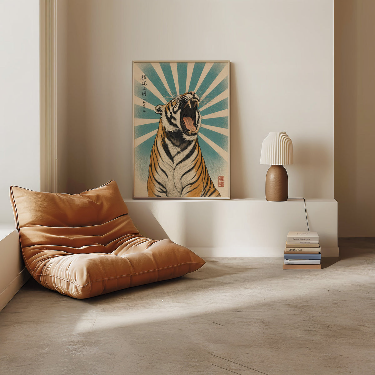 roaring tiger with teal sunburst print in a light oak frame on a white ledge by a tan leather floor chair