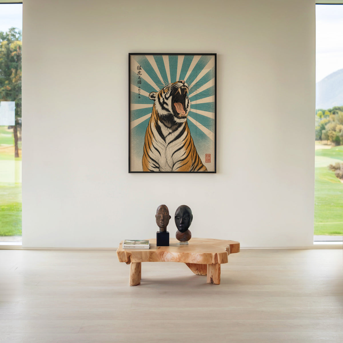 roaring tiger with teal sunburst print in a black frame above a live-edge wood coffee table between garden windows