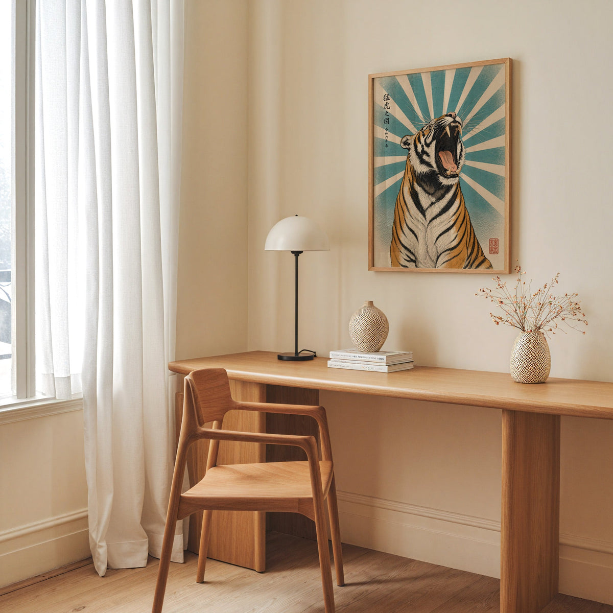roaring tiger with teal sunburst print in an oak frame above a long oak desk with a white dome lamp and woven vases