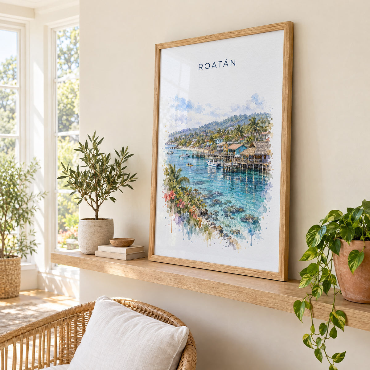 Roatan watercolor print in an oak frame on a picture ledge in a sunlit sunroom