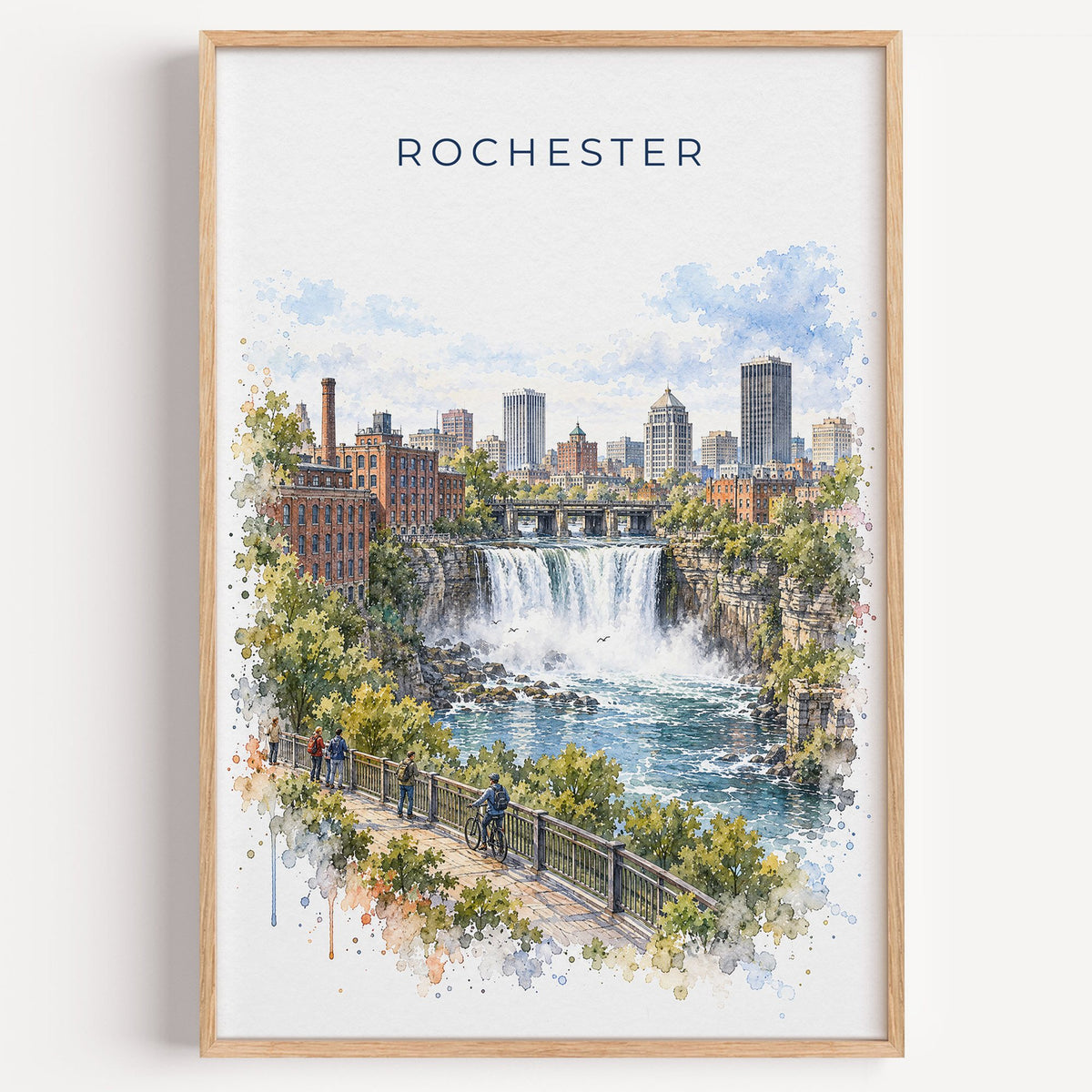 Rochester, New York watercolor print in a light oak frame on a plain white wall