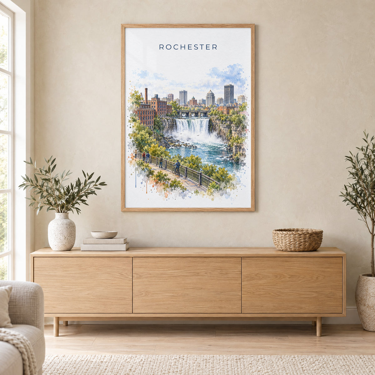 Rochester, New York watercolor print in an oak frame above a light wood sideboard in a Scandinavian living room
