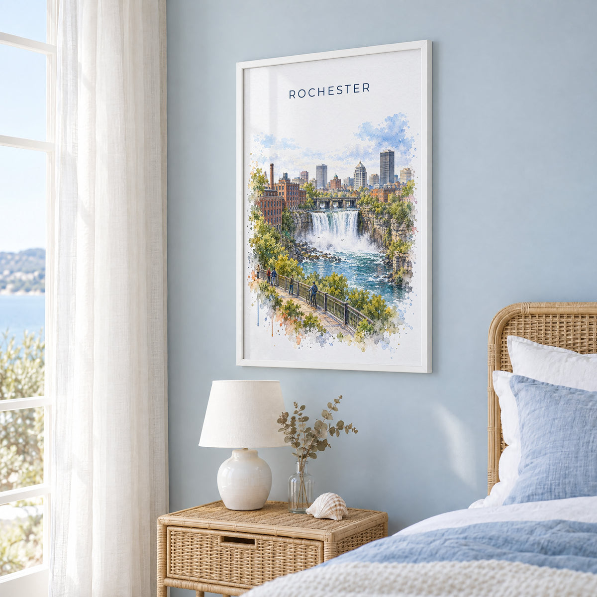 Rochester, New York watercolor print in a white frame on a pale blue wall beside a rattan bed in a coastal bedroom