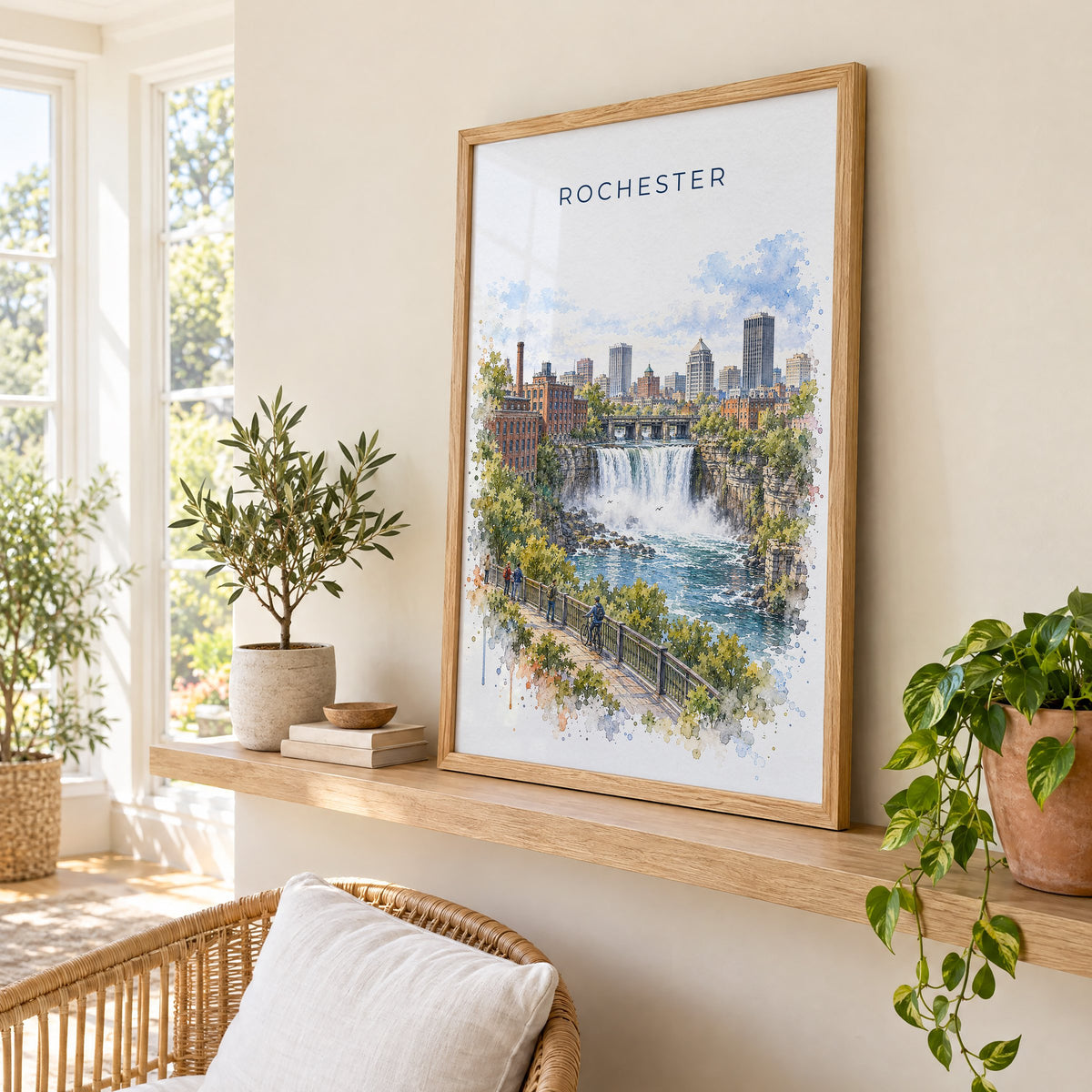 Rochester, New York watercolor print in an oak frame on a picture ledge in a sunlit sunroom