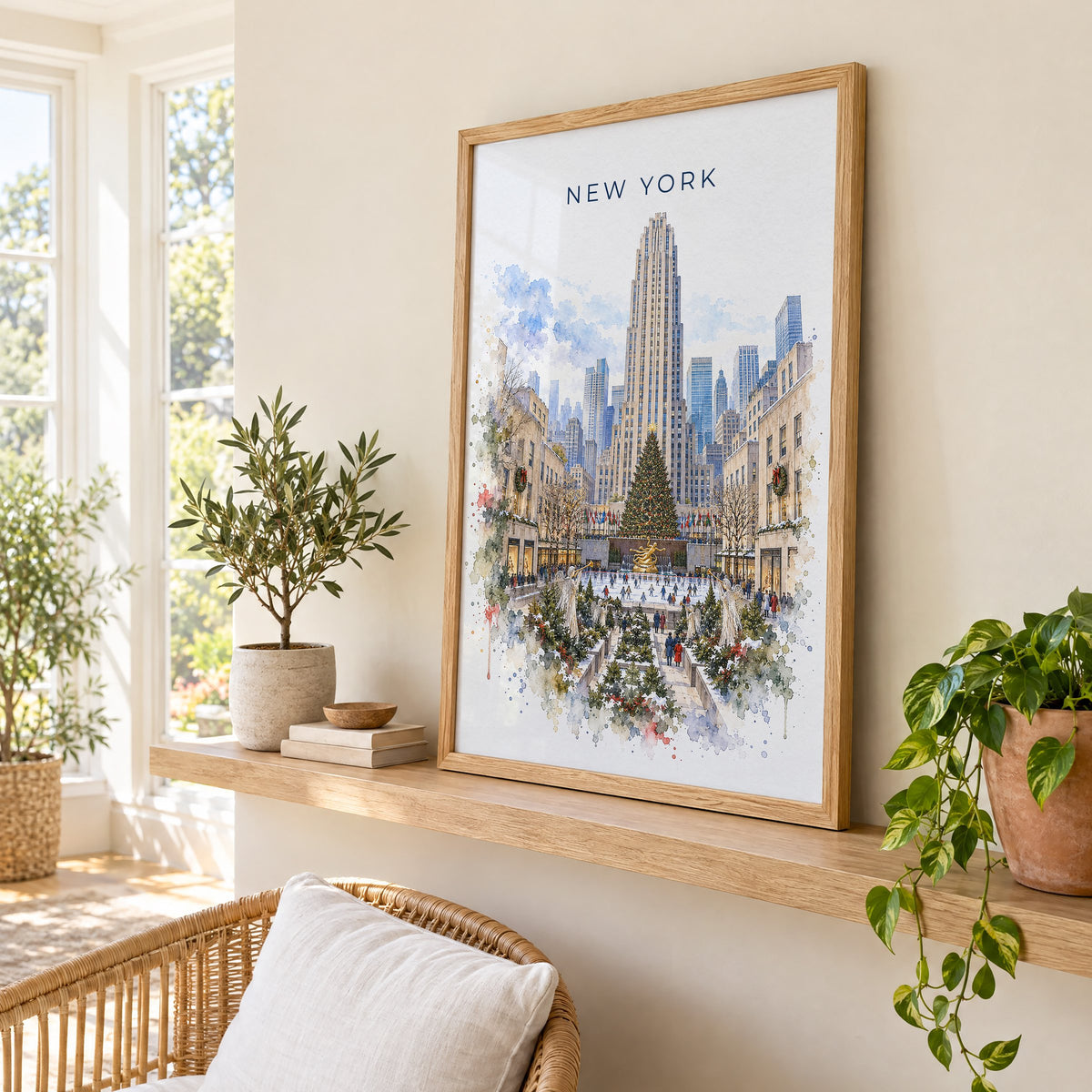 Rockefeller Center watercolor print in an oak frame on a picture ledge in a sunlit sunroom