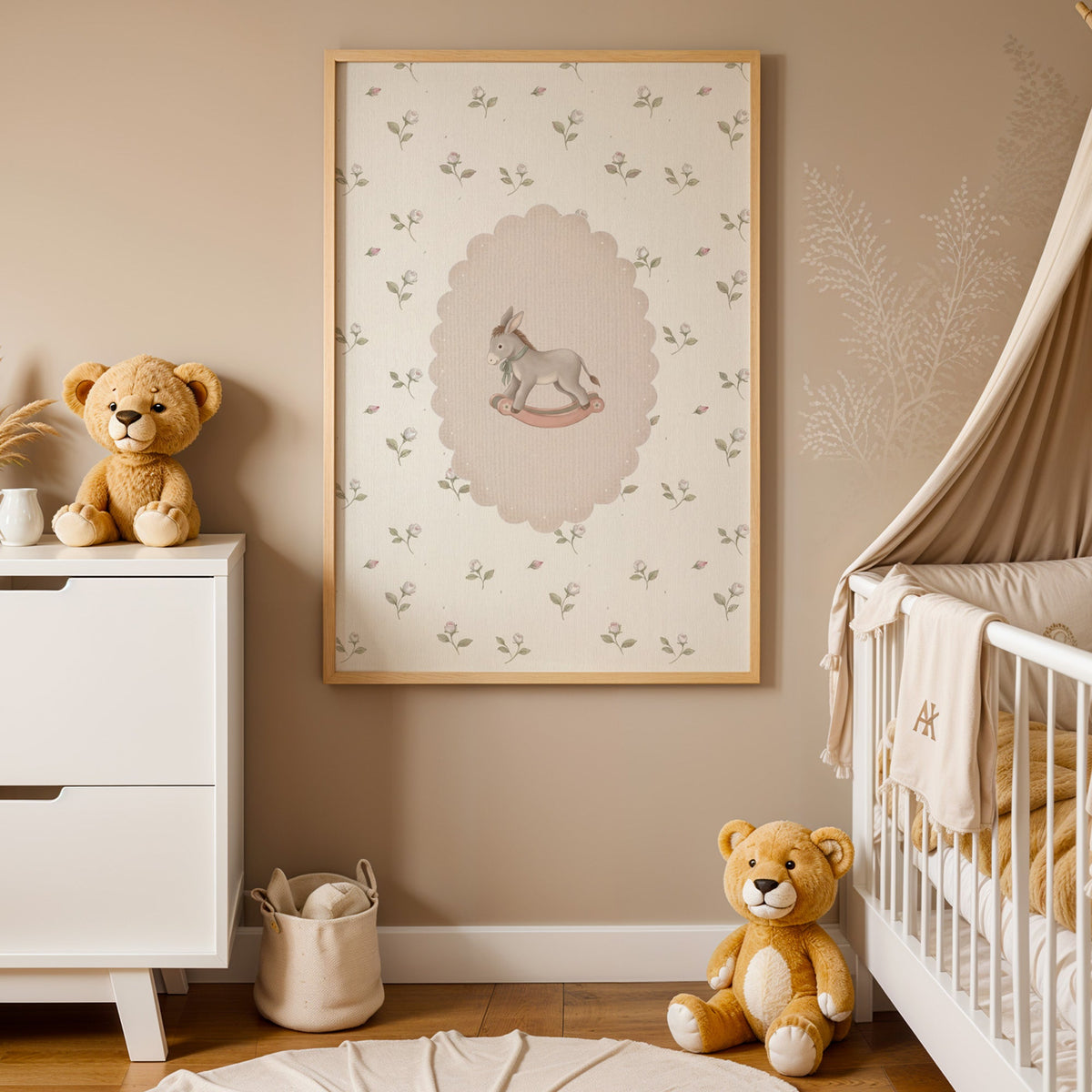 Rocking donkey toy on rosebud wallpaper nursery print in an oak frame between a white dresser and a canopy crib